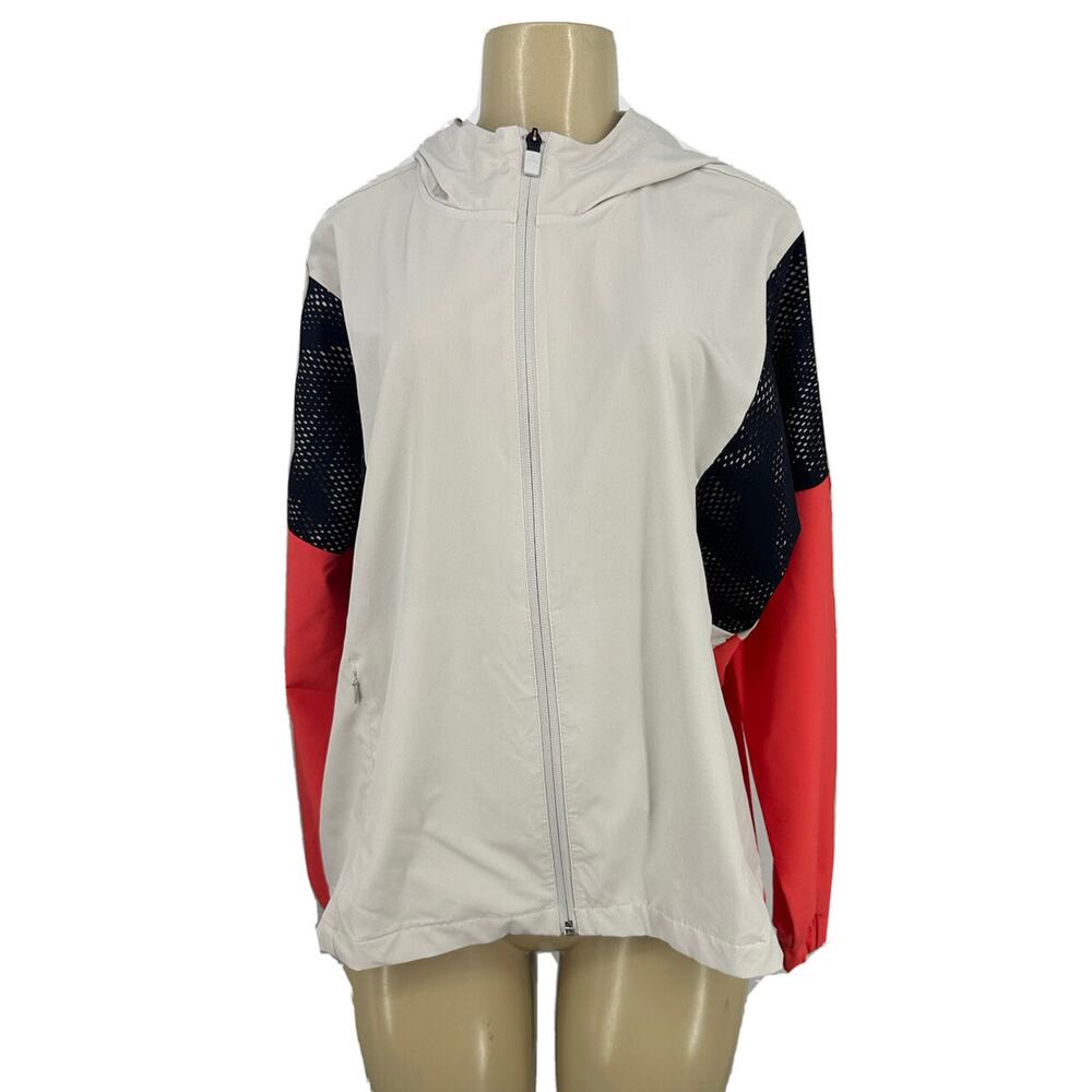 Adidas XL Chalk Pearl/Real Coral Sport ID Full Zip Wind Jacket Hooded 14-5